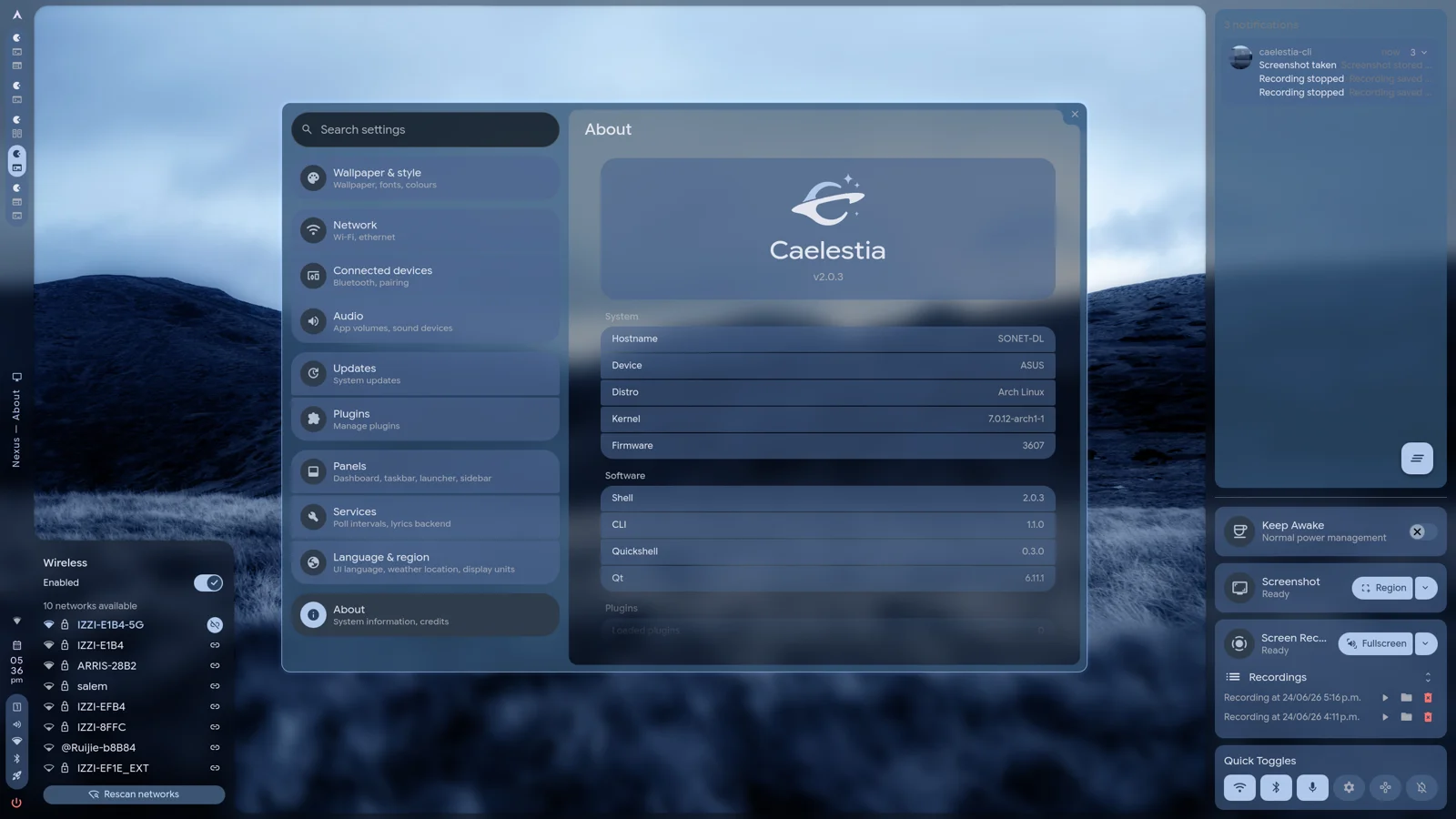 Panel de información de Caelestia
