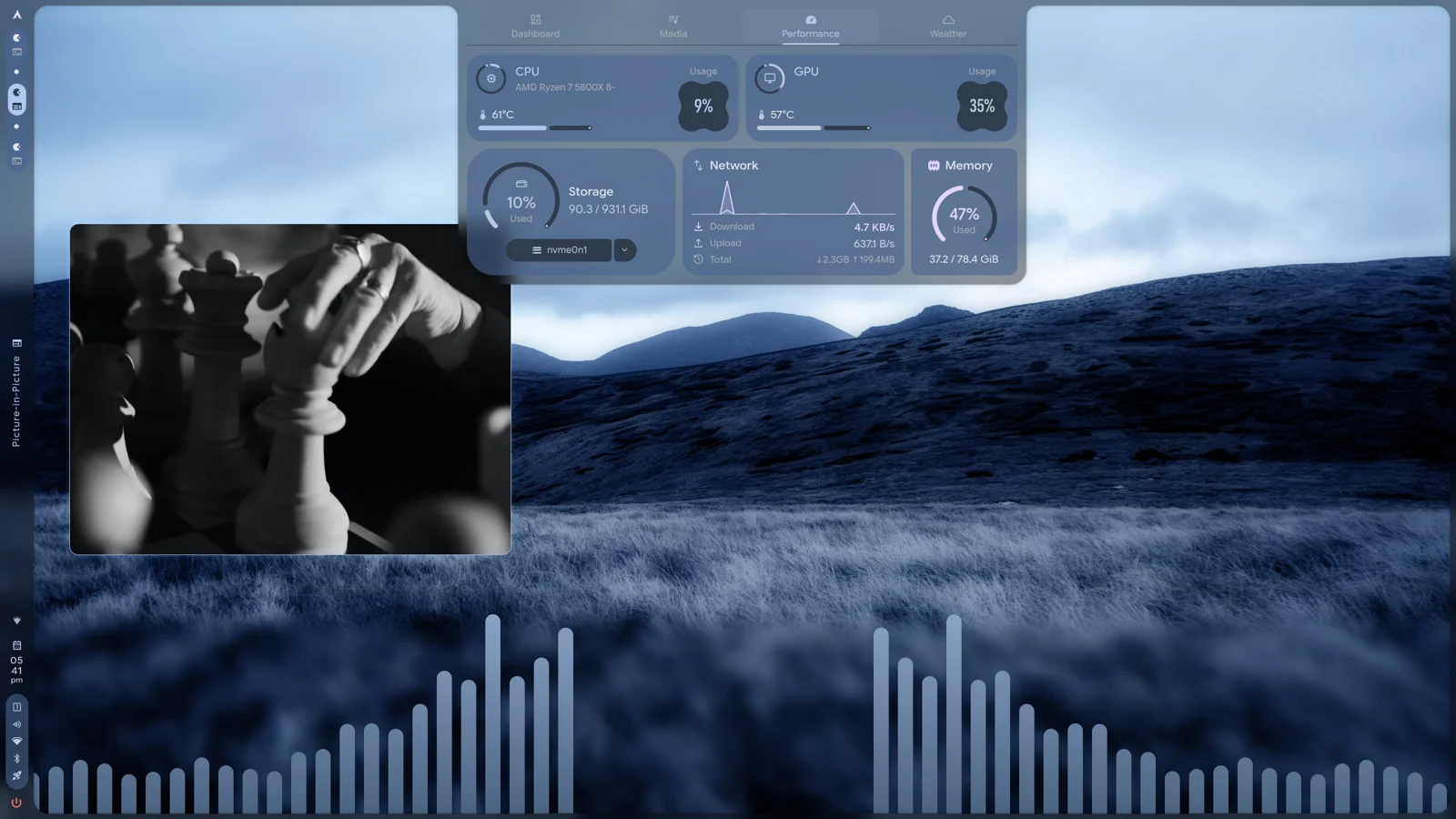 Visualizador de audio y dashboard en Caelestia