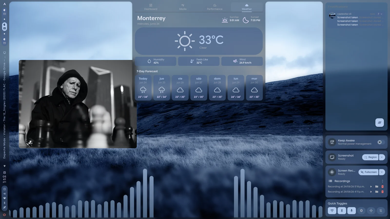 Clima, sidebar y controles rápidos en Caelestia