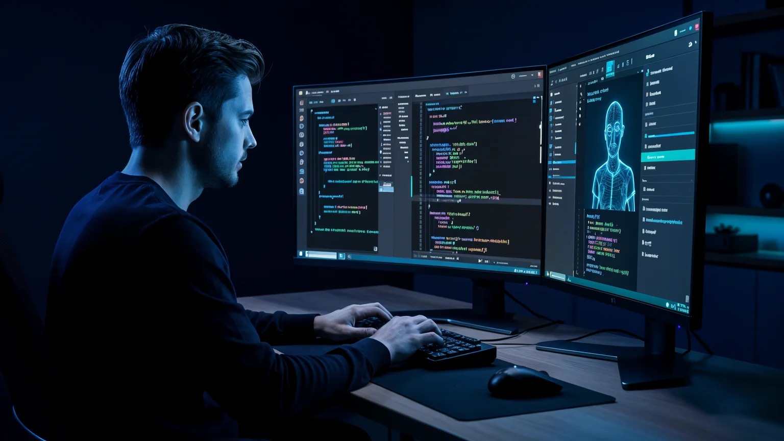 Desarrollador trabajando con un asistente de IA en un entorno de código oscuro, pantallas azules, fondo azul oscuro