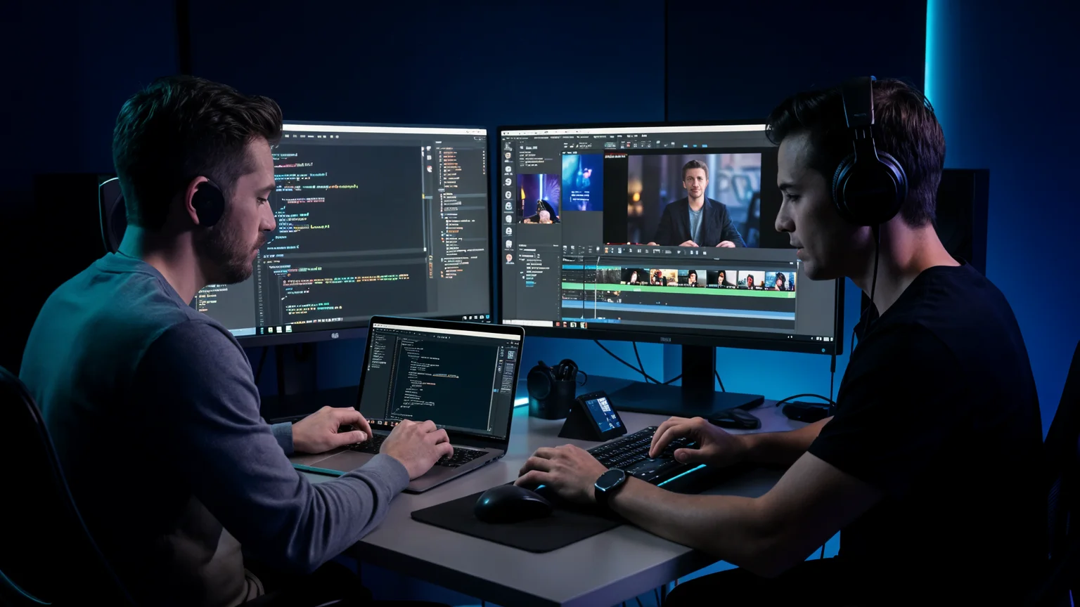 Creador desarrollador produciendo varios tipos de medios: código, edición de video y música, fondo azul oscuro
