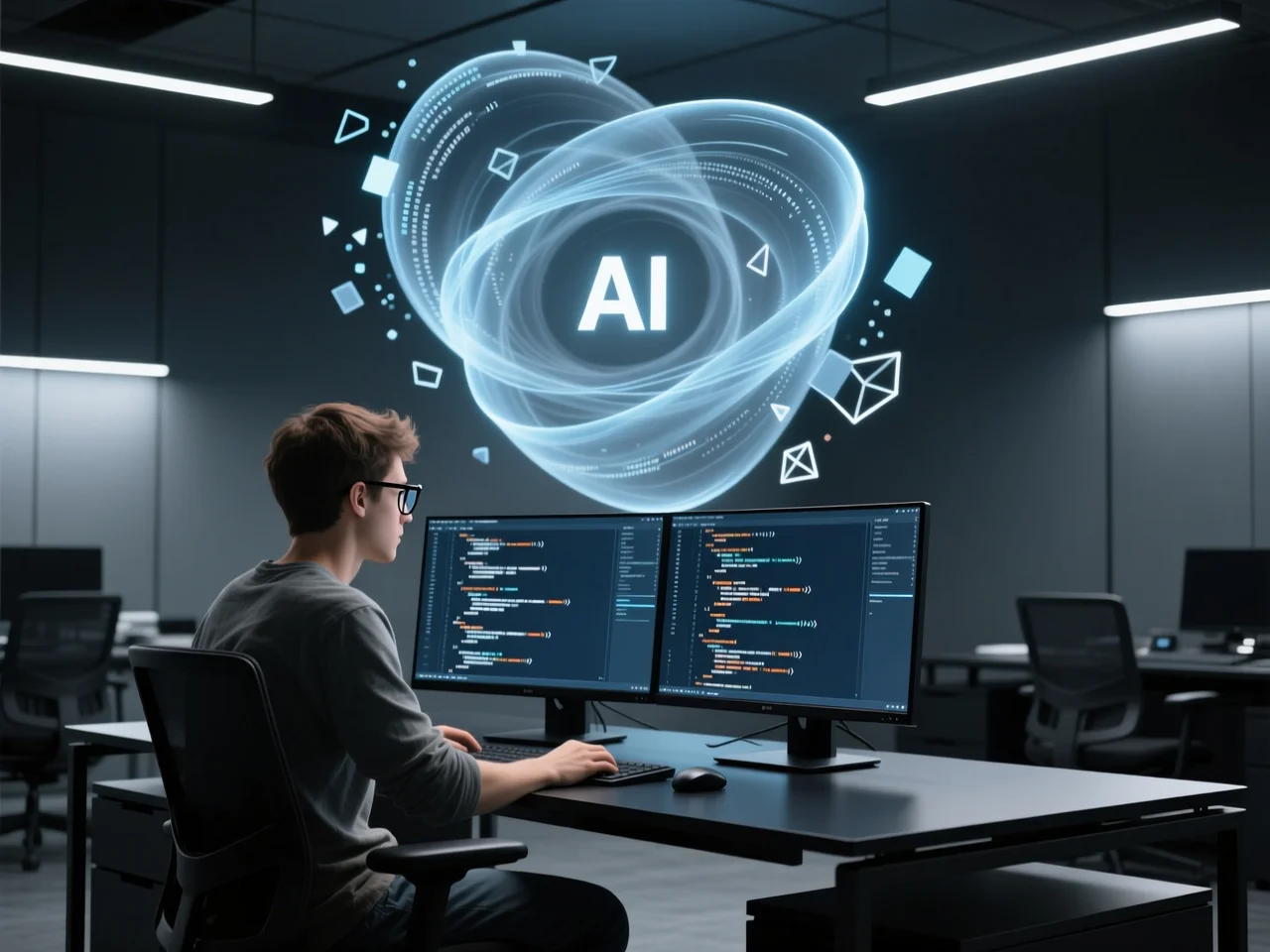 Desarrollador revisando código en una pantalla grande con un asistente de IA analizando en el fondo, tonos azul-gris técnicos