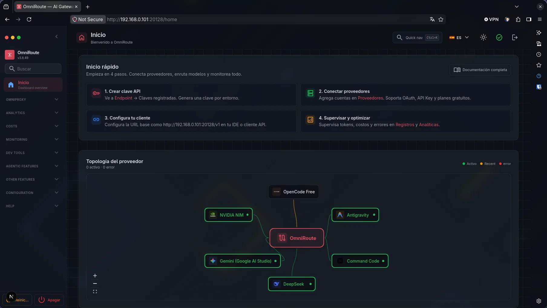 Dashboard de OmniRoute con proveedores reales conectados — DeepSeek, Gemini (Google AI Studio) y NVIDIA NIM — en la topología en vivo
