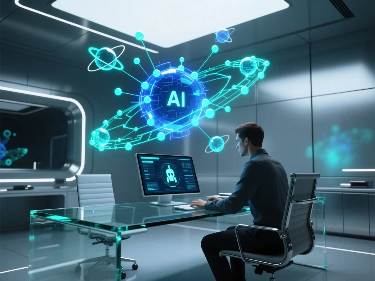 Persona trabajando con un agente de IA, nodos brillantes alrededor de la terminal, tonos azul profundo y teal