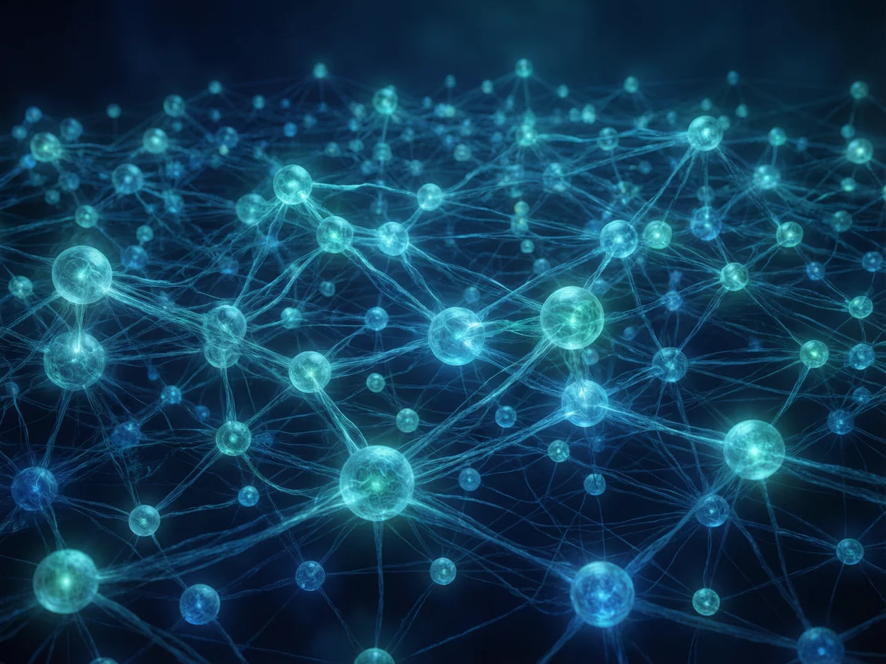 Representación abstracta de la memoria como una red de hechos y decisiones conectados, tonos azul profundo y teal