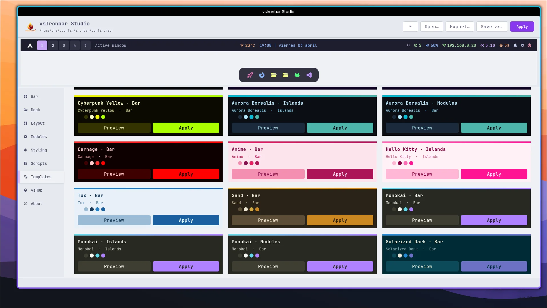 vsIronbar Studio: editor visual para configurar Ironbar